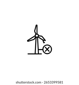 Ein Symbol, das einen Ausfall oder Fehler einer Windenergieanlage darstellt und eine Turbine mit einer gebrochenen Schaufel und eine Verbindung zu einem Kreis mit einer X-Markierung anzeigt.