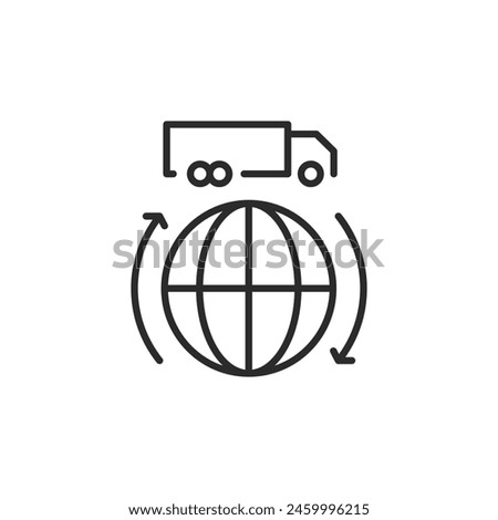 Icon representing worldwide shipping, featuring a delivery truck above a stylized globe with arrows indicating international movement. Suitable for logistics, e-commerce. Vector illustration.