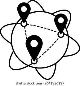 icon of represents the concept of global presence, a pin on a globe. black flat icon. indicating influence and connectivity across the world.  
