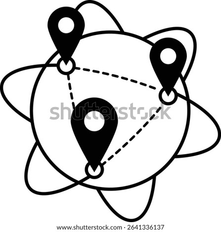 icon of represents the concept of global presence, a pin on a globe. black flat icon. indicating influence and connectivity across the world.  
