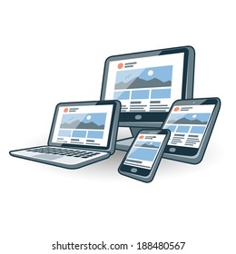 Icon for responsive website design on different screen devices with smartphone, laptop, monitor screen and tablet 