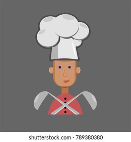 icon for a restaurant on a gray background, picture of chef in the big white hat with scoops in hand. A beautiful symbol for signage and advertising of the restaurant or cafe.