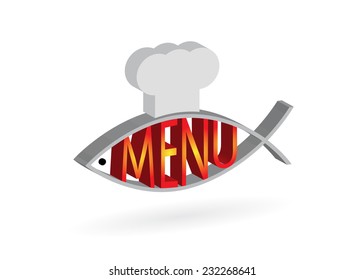 An icon for restaurant, the word of the menu and fish in a cap for the cook