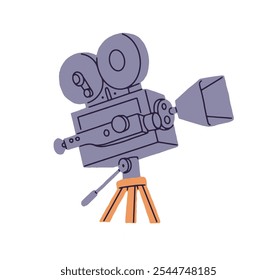 Icono de videocámara retro con carretes de cinta. Video Cámara en el trípode para la transmisión de noticias, videografía. Equipamiento de cinematografía para filmar películas. Ilustración vectorial aislada plana sobre fondo blanco