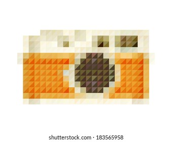 icon Retro camera with manual lens, in pixel digital art style, brown and chrome color, from metal
