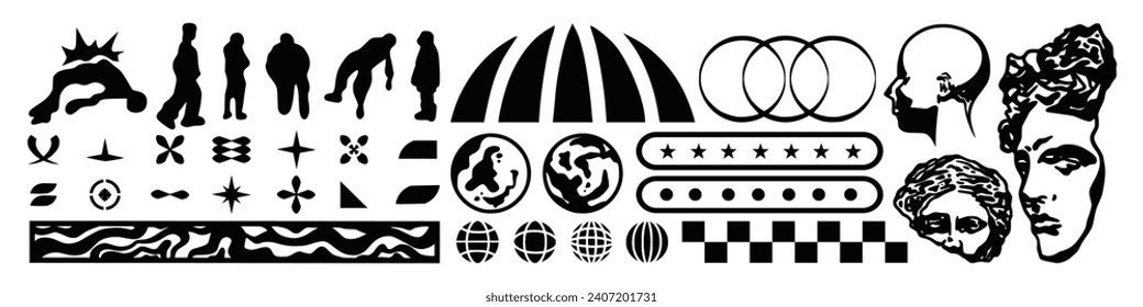 Icono Retro elementos futuristas para el diseño. Gran colección de símbolos y objetos geométricos gráficos abstractos en estilo y2k. Plantillas para notas, afiches, pancartas, pegatinas, tarjetas de visita, logotipo.