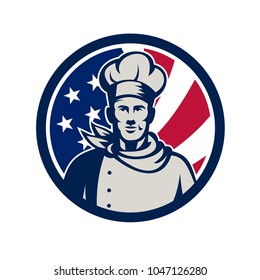 Icon retro style illustration of an American baker, chef or cook fron view with United States of America USA star spangled banner or stars and stripes flag inside circle isolated background.