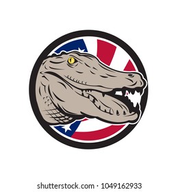 Icon retro style illustration of an American alligator, crocodilian of the family Alligatoridae with United States of America USA star spangled banner or stars and stripes flag inside circle.