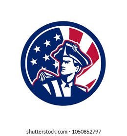 Icon retro style illustration of an American patriot or militia minuteman looking up with United States of America USA star spangled banner or stars and stripes flag inside circle isolated background.