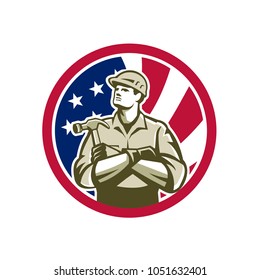 Icon retro style illustration of American builder, carpenter, construction worker with hammer arms crossed  with United States of America USA star spangled banner or stars and stripes flag in circle. 