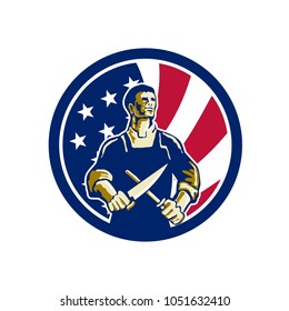 Icon retro style illustration of an American butcher sharpening knife viewed from front  with United States of America USA star spangled banner or stars and stripes flag in circle isolated background.