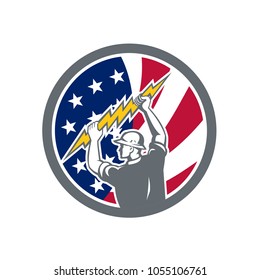 Icon retro style illustration of American electrician, lineman holding lightning bolt with United States of America USA star spangled banner stars and stripes flag inside circle isolated background.