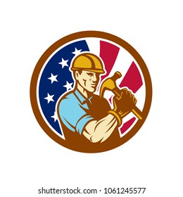 Icon retro style illustration of an American handyman, builder, carpenter or construction worker holding hammer United States of America USA star spangled banner stars and stripes flag inside circle.