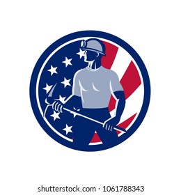 Icon retro style illustration of an American coal miner holding a pick axe viewed from side with United States of America USA star spangled banner or stars and stripes flag inside circle isolated.