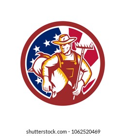 Icon retro style illustration of an American organic farmer holding sack and rake with United States of America USA star spangled banner or stars and stripes flag inside circle isolated background.