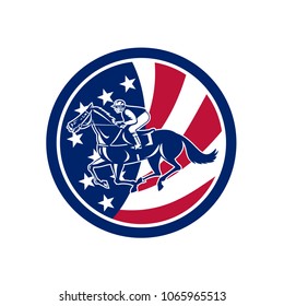 Icon retro style illustration of an American jockey or equestrian horse racing viewed from side with United States of America USA star spangled banner stars and stripes flag inside circle background.