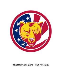 Icon retro style illustration of an American brown bear or California grizzly head  with United States of America USA star spangled banner or stars and stripes flag inside circle isolated background.