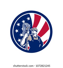 Icon retro style illustration of an American professional industrial cleaner or cleaning services worker holding mop with United States of America USA star spangled banner flag inside circle.