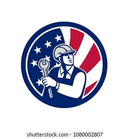 Icon retro style illustration of an American mechanical engineer holding a spanner with United States of America USA star spangled banner or stars and stripes flag inside circle isolated background.