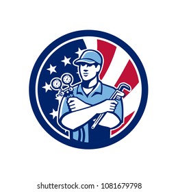 Icon retro style illustration of an American air conditioning or air-con serviceman holding manifold gauge with United States of America USA star spangled banner inside circle isolated background.