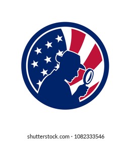 Icon retro style illustration of an American private investigator silhouette with magnifying glass with United States of America USA star spangled banner or stars and stripes flag inside circle.