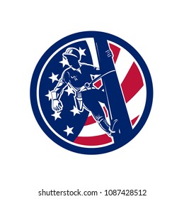 Icon retro style illustration of an American Electrical Power Lineman or lineworker on utility pole with United States of America USA star spangled banner or stars and stripes flag inside circle.