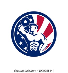 Icon retro style illustration of an American  fitness gym showing a bodybuilder lifting dumbbell  with United States of America USA star spangled banner or stars and stripes flag inside circle.