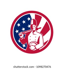 Icon retro style illustration of an American chef or cook holding a rolling pin and plate with United States of America USA star spangled banner stars and stripes flag in circle isolated background.