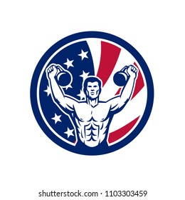 Icon retro style illustration of an American physical fitness buff training with kettlebell and United States of America USA star spangled banner stars and stripes flag in circle isolated background.