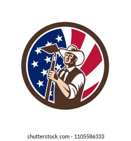 Icon retro style illustration of an American organic farmer holding a grab hoe with United States of America USA star spangled banner or stars and stripes flag inside circle isolated background.