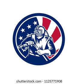 Icon retro style illustration of an American sandblaster with United States of America USA star spangled banner stars and stripes flag in circle isolated background.