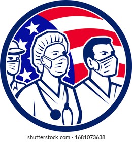 Icon retro style illustration of American healthcare provider, medical care worker, nurse or doctor as heroes wearing surgical mask with United States of America USA flag circle on white background.