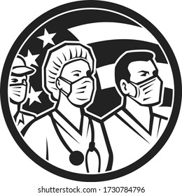 Icon Retro Style Illustration Of American Healthcare Provider, Medical Care Worker, Nurse Or Doctor As Heroes Wearing Surgical Mask With United States Of America Flag Done In Black And White.