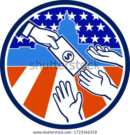 Icon retro style illustration of the American government stimulus or economic impact payment showing a hand giving money to recipient with the United States Capitol building and flag inside circle.