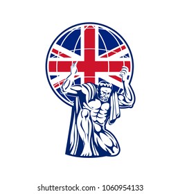 Icon retro style illustration of Atlas, a Titan carrying a globe with British United Kingdom UK, Great Britain Union Jack flag viewed from front on isolated background.