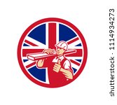 Icon retro style illustration of a British lumber yard or lumberyard worker thumbs up with United Kingdom UK, Great Britain Union Jack flag set inside circle on isolated background.
