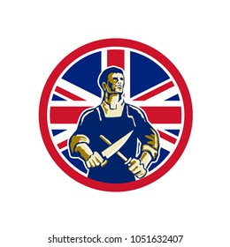 Icon retro style illustration of a British butcher sharpening knife viewed from front with United Kingdom UK, Great Britain Union Jack flag set inside circle on isolated background.