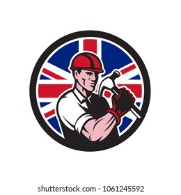 Icon retro style illustration of a British handyman, builder, carpenter or construction worker holding hammer with United Kingdom UK, Great Britain Union Jack flag set inside circle.