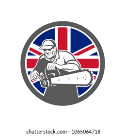 Icon retro style illustration of a British arborist, tree surgeon or lumberjack holding a chainsaw with United Kingdom UK, Great Britain Union Jack flag set inside circle on isolated background.