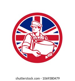 Icon Retro Style Illustration Of A British Artisan Cheesemaker Or Cheese Maker Holding Parmesan Cheese With United Kingdom UK, Great Britain Union Jack Flag Set Inside Circle On Isolated Background.