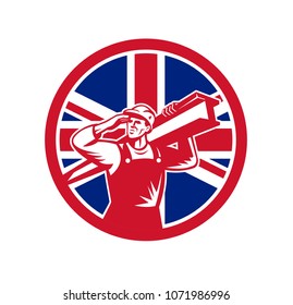Icon retro style illustration of a British construction worker carrying an I-beam on shoulder while saluting  with United Kingdom UK, Great Britain Union Jack flag set in circle isolated background.