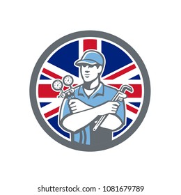 Icon retro style illustration of a British Refrigeration Mechanic, air conditioning or air-con serviceman holding manifold gauge with United Kingdom UK, Great Britain Union Jack flag set in circle.