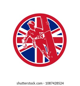 Icon retro style illustration of a British linesman or powerline worker on utility pole  with United Kingdom UK, Great Britain Union Jack flag set inside circle on isolated background.