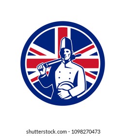 Icon retro style illustration of a British baker, chef or cook holding a rolling pin and plate with United Kingdom UK, Great Britain Union Jack flag set inside circle on isolated background.