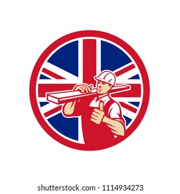 Icon retro style illustration of a British lumber yard or lumberyard worker thumbs up with United Kingdom UK, Great Britain Union Jack flag set inside circle on isolated background.