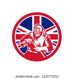 Icon retro style illustration of a British sandblaster with United Kingdom UK, Great Britain Union Jack flag set inside circle on isolated background.