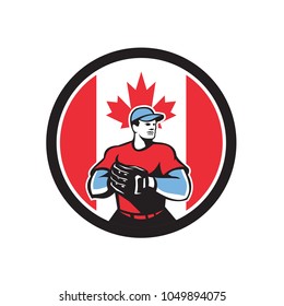 Icon retro style illustration of a Canadian baseball pitcher or catcher wearing mitts with Canada maple leaf flag set inside circle on isolated background.