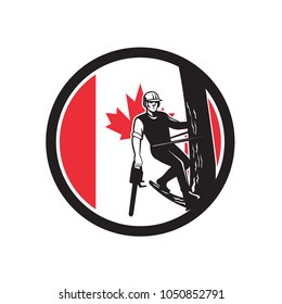 Icon retro style illustration of a Canadian tree surgeon, arborist, tree surgeon, or arboriculturist, a professional of arboriculture holding chainsaw up tree Canada maple leaf flag set inside circle.