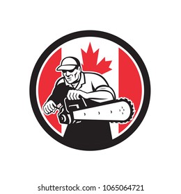 Icon retro style illustration of a Canadian tree surgeon or lumberjack holding a chainsaw with Canada maple leaf flag set inside circle on isolated background.