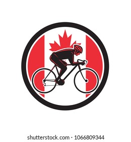 Icon retro style illustration of a Canadian cyclist cycling riding a racing road bicycle viewed from side with Canada maple leaf flag set inside circle on isolated background.